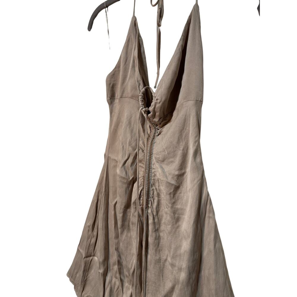 Zara Taupe Halter Mini Dress Womens XS Open Back Ruched Tie A Line Made Turkey - Picture 4 of 11